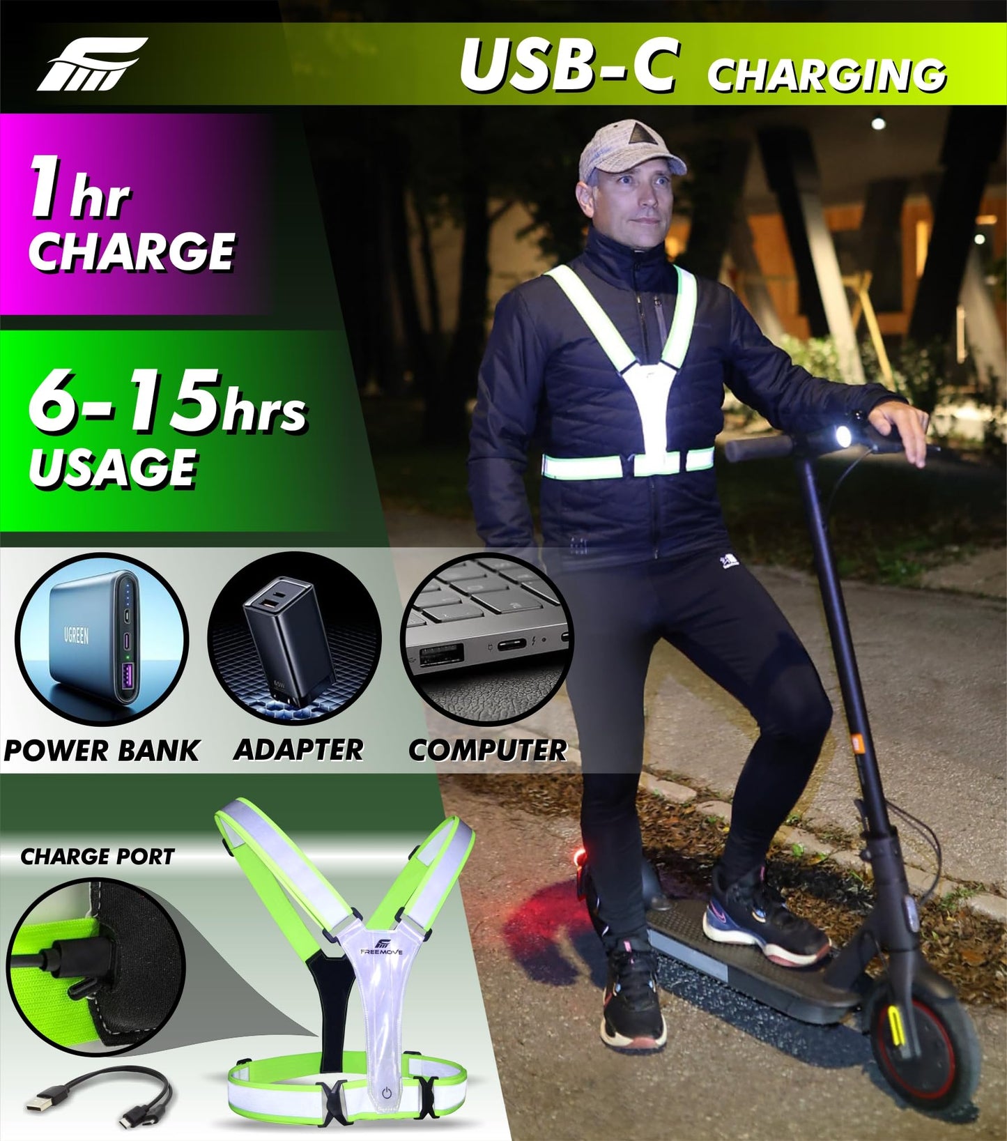 FREEMOVE LED Reflective Running Light-Up Vest, USB Rechargeable, Fully Adjustable, Highly Visible Running Reflective Safety Gear, for Night Running, Cycling, Biking, Walking for Men, Women and Kids