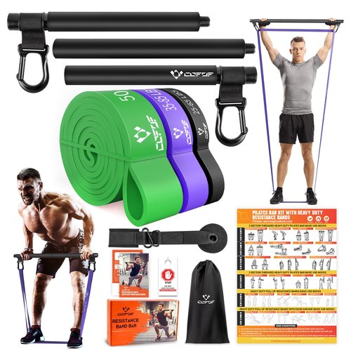 Portable Heavy Duty Resistance Bar with 3 Resistance Bands, Pilates Bar with Pull Up Bands & Training Poster, Yoga Pilates Equipment for Home Gym(Black)