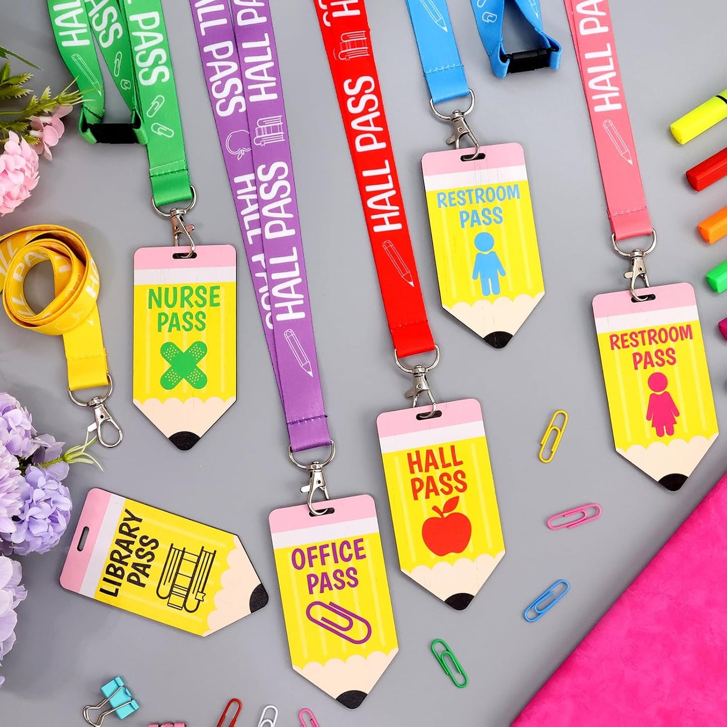 6 Sets Hall Pass Lanyards and School Passes Set Classroom Wooden Passes for Hall Office Library Nurse Restroom Teacher Gift
