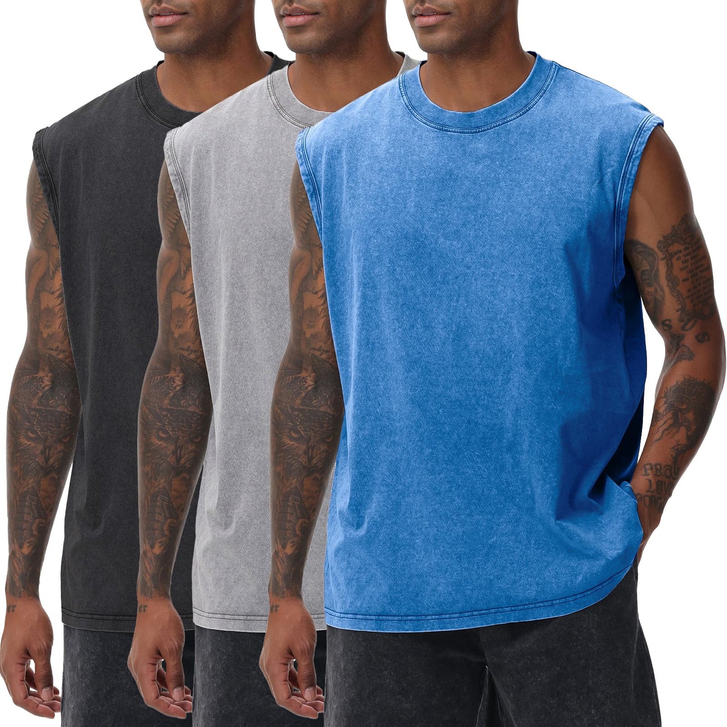 SnowElve 3 Pack Mens Workout Tank Tops Sleeveless Tee Shirts Men Muscle Shirt Gym Acid Wash T Shirts Running Beach Loose Fit Tee(BUGYBK,3XL)