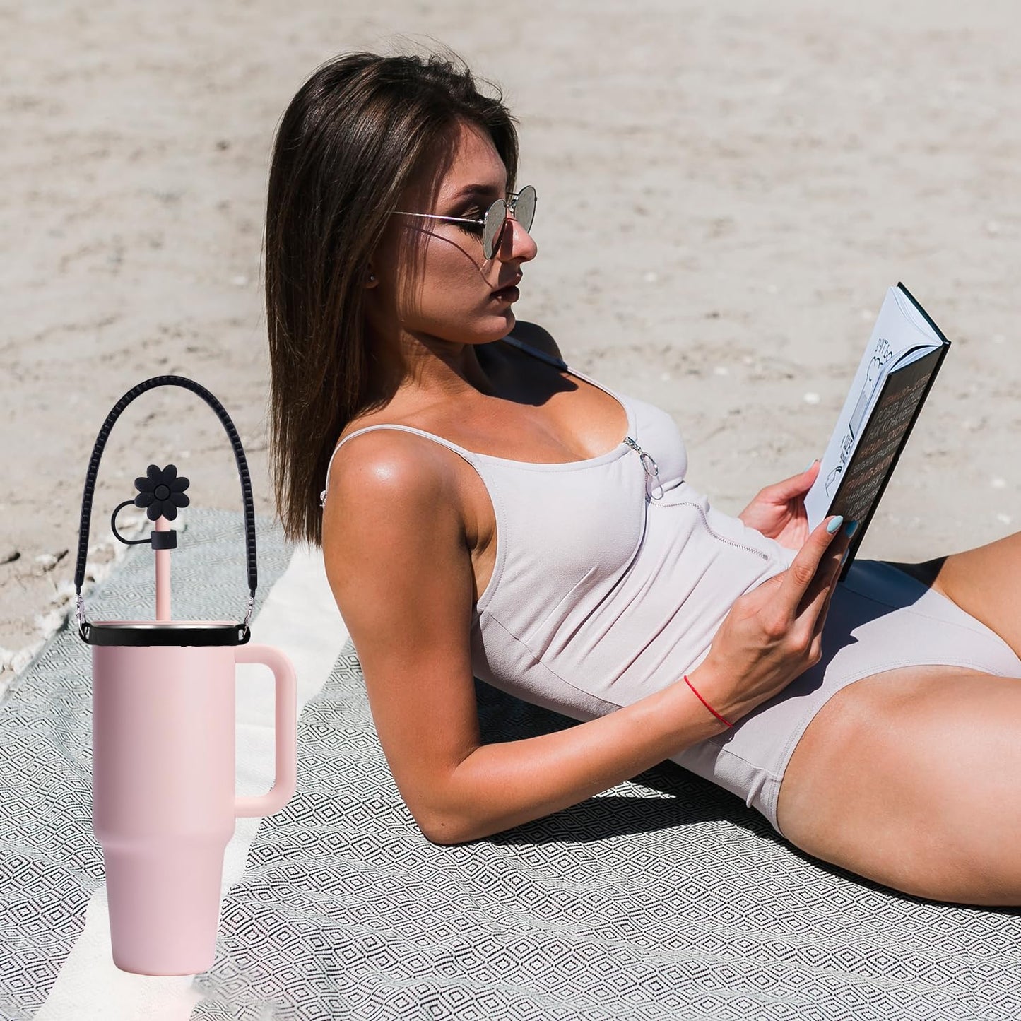 IKSII Water Bottle Handle&Straw Cover Toppers Cap,Silicone Water Bottle Sling Strap Carrier Holder with Strap Fits Most 8-40oz Bottles,Compatible Stanley Cup Accessories (Black)