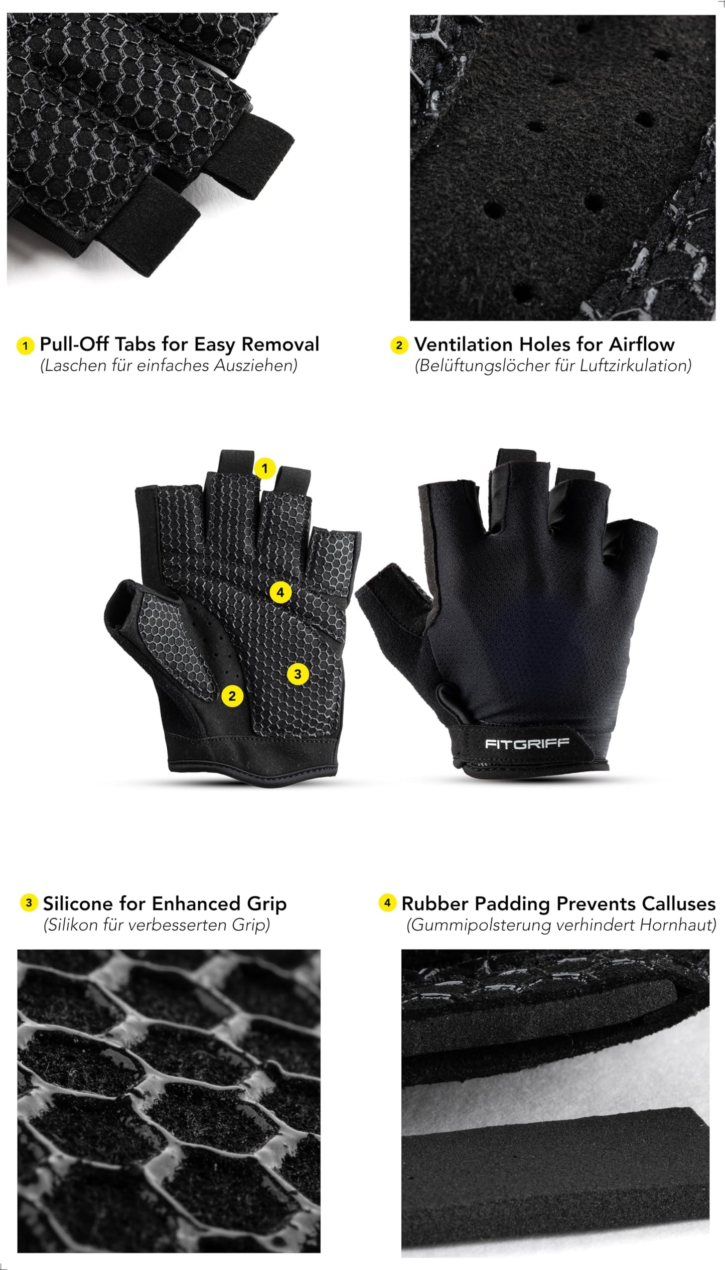 Fitgriff® Workout Gloves (Padded) for Men & Women - Fingerless Gym Gloves for Weight Lifting, Training - Full Palm Protection (Black, Size 7)