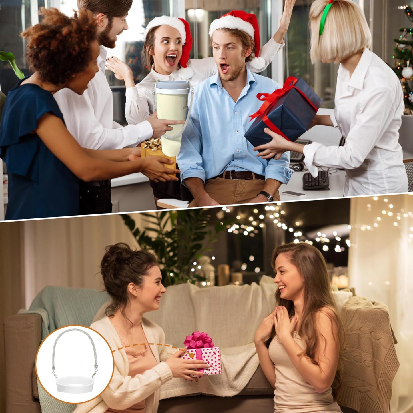 Glitter Handle for Stanley Cup Accessories - Diamond Stanley Tumbler Carrier with Strap Bling Water Bottle Handle Strap(Slim Sliver with net)