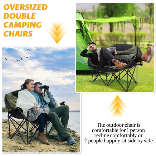 UBALANCE Double Camping Chair for Adults - Heavy Duty 650LBS Portable Camping Chairs Oversized Camping Loveseat, Folding Camping Chair for Garden Lawn Sport Picnic Beach Fishing (Green)