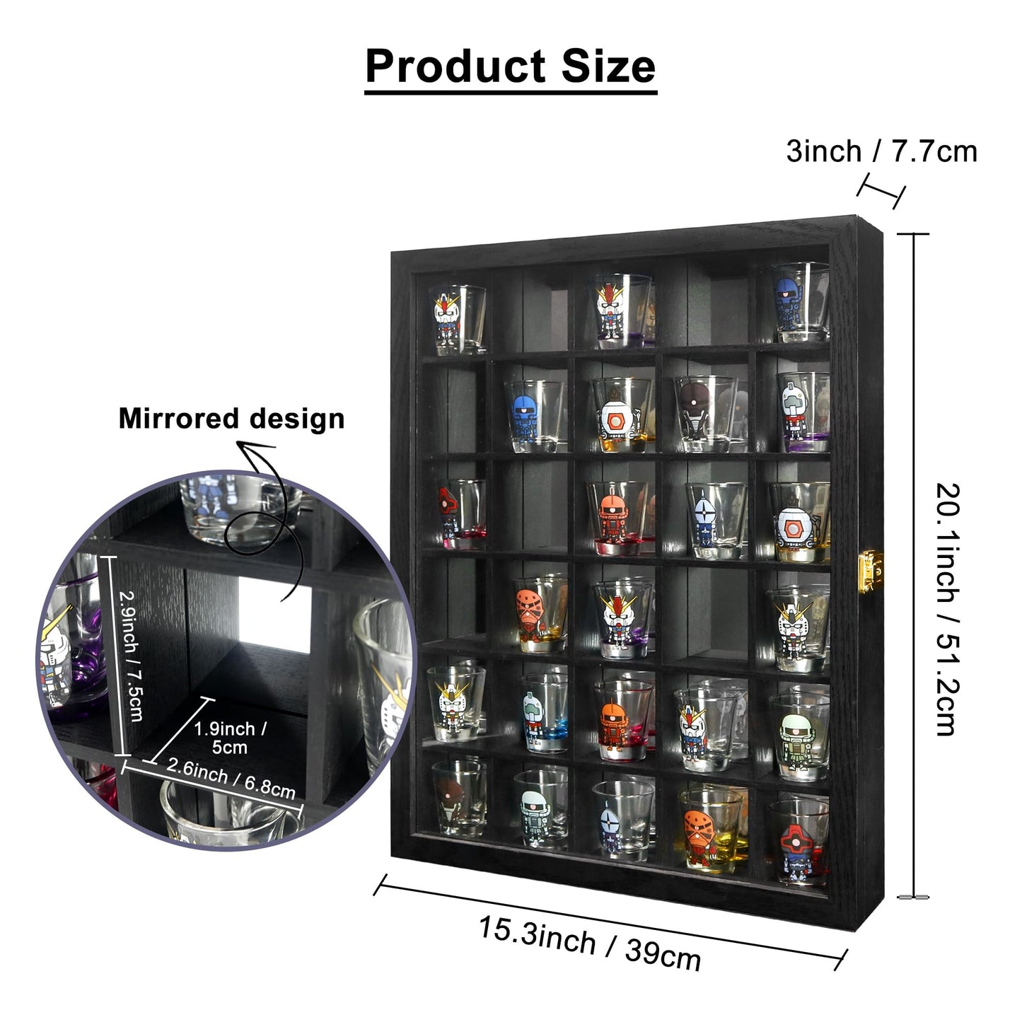 FramePro Black Shot Glass Display Case 30 Slots with Mirror Background Large Wooden Cabinet Rack Holder Mini Helmet Collection Wall Mounted Shadow Box Lockable with Tempered Glass Door 15.5*20 Inches