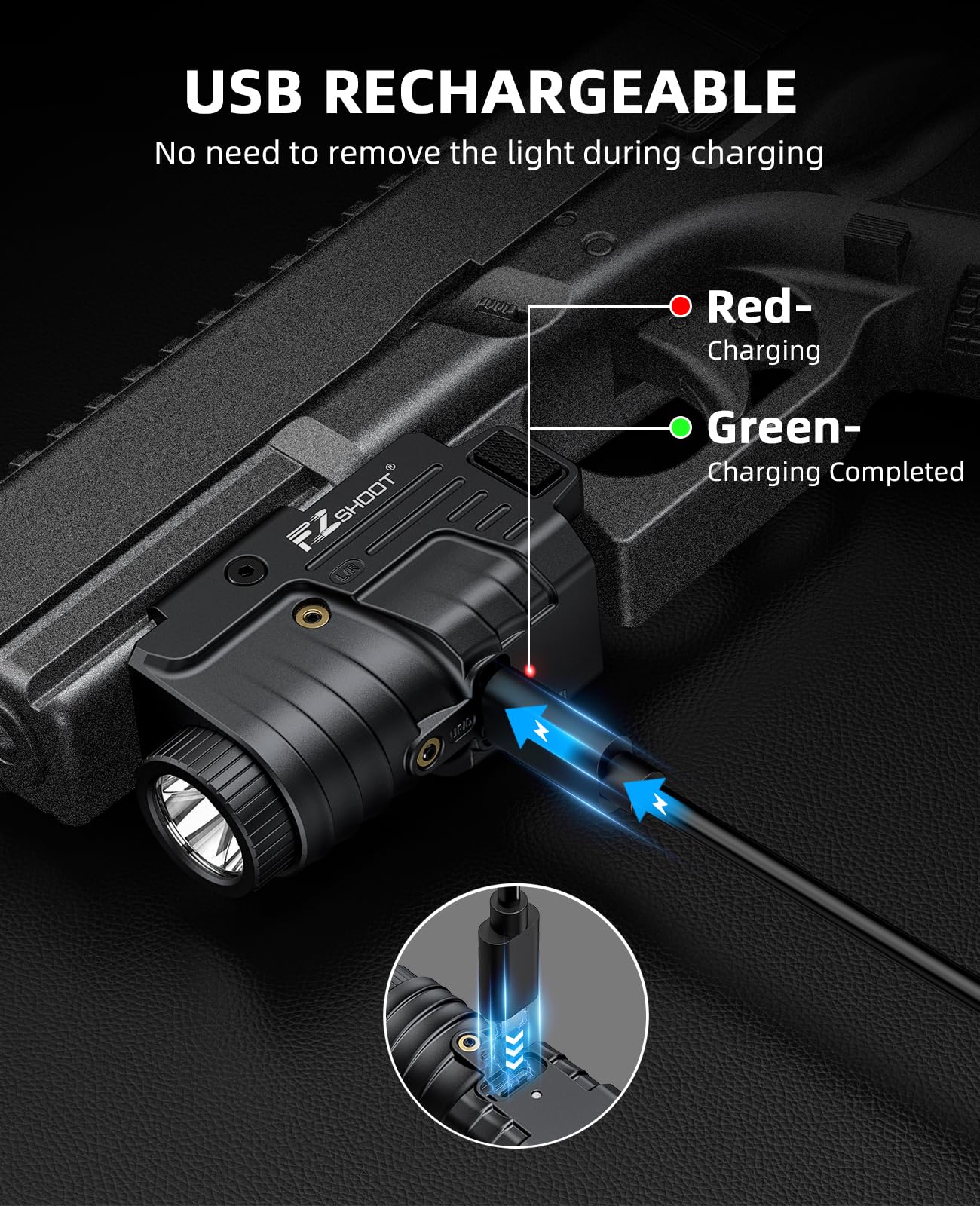 EZshoot 800 Lumens Pistol Light Laser Combo Rechargeable, Pistol Flashlight with Slidable Rail Compatible with Glock and Picatinny Rail, Tactical Flashlight with Green Laser Beam