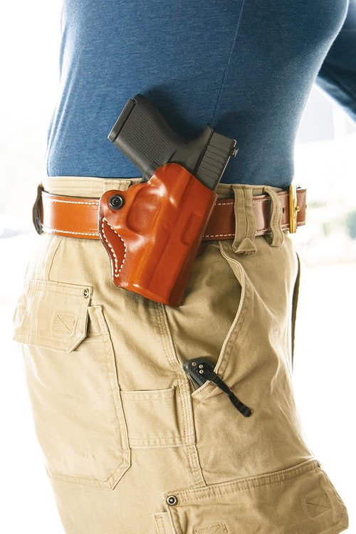 DeSantis Mini Scabbard OWB Gun Holster for Men and Women - Leather Adjustable Belt Holster for Pistols, Compatible with the Glock 43, Glock 43X - Left Hand Draw, Black