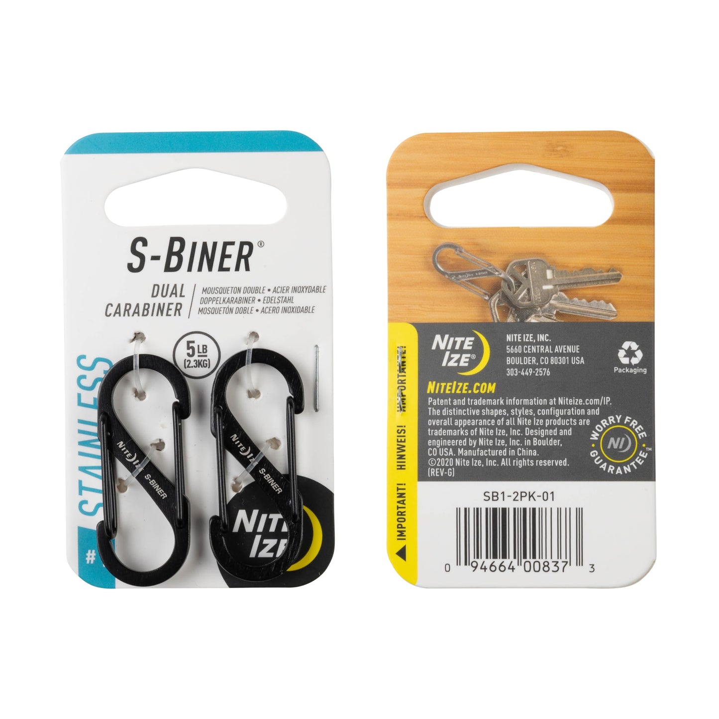 Nite Ize S-Biner Stainless Steel Dual Carabiner - Double Sided Carabiner Clip - Dual Carabiner Holder for Keys, Water Bottles & Gear - Size 1, Black, 8 Count (4 Pack)