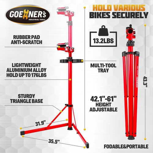 Osluken Bike Repair Stand, 176 LBS Heavy Duty Portable Bicycle Mechanic Maintenance Workstand with Tool Tray, Steel & Aluminum Shop Home Adjustable Height Foldable Bike Work Stand for E Bike, MTB, RB