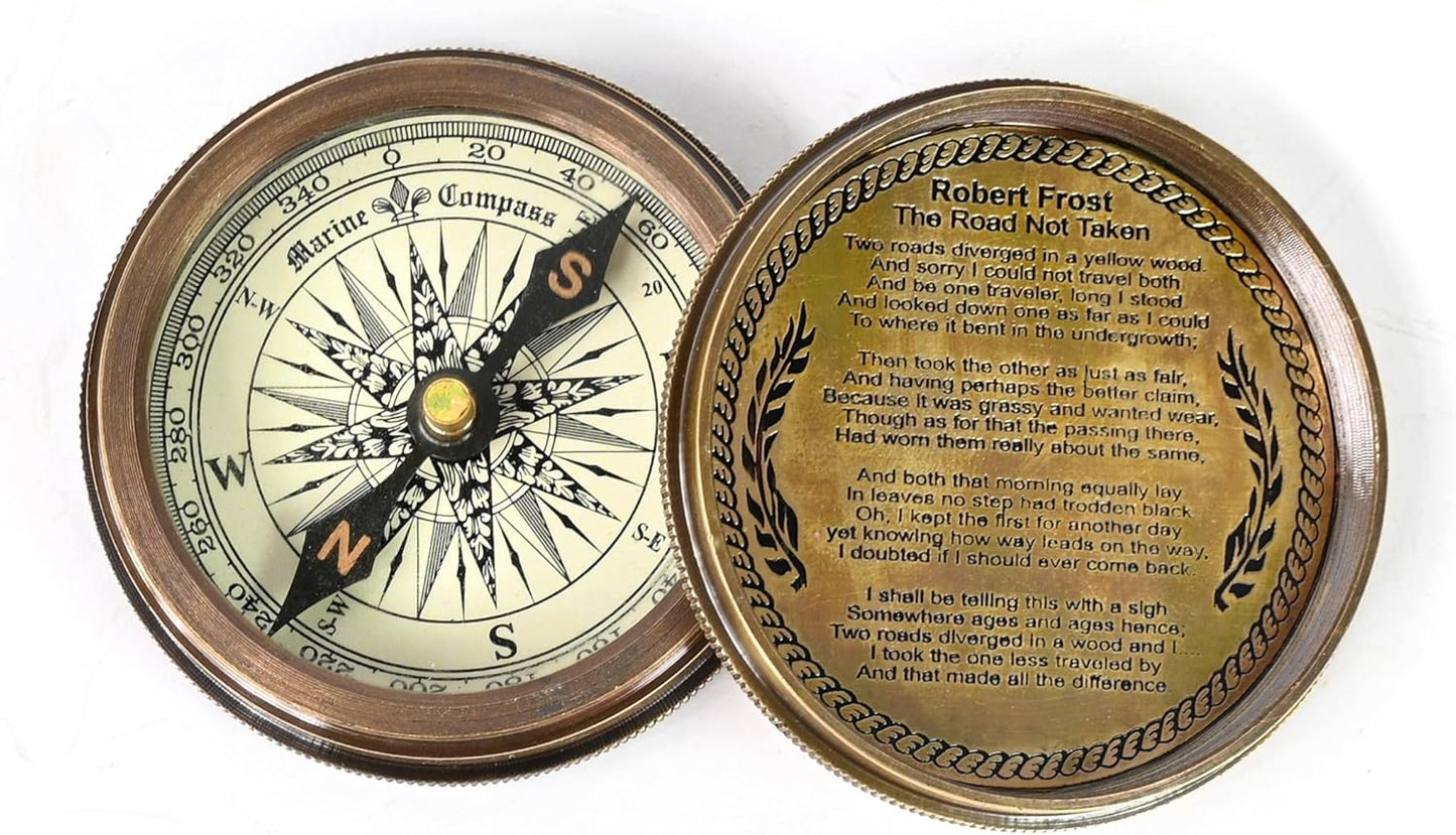 Brass Nautical 2 inches Vintage Compass Replica Brass Pocket Transit Compass - Robert Frost Poem