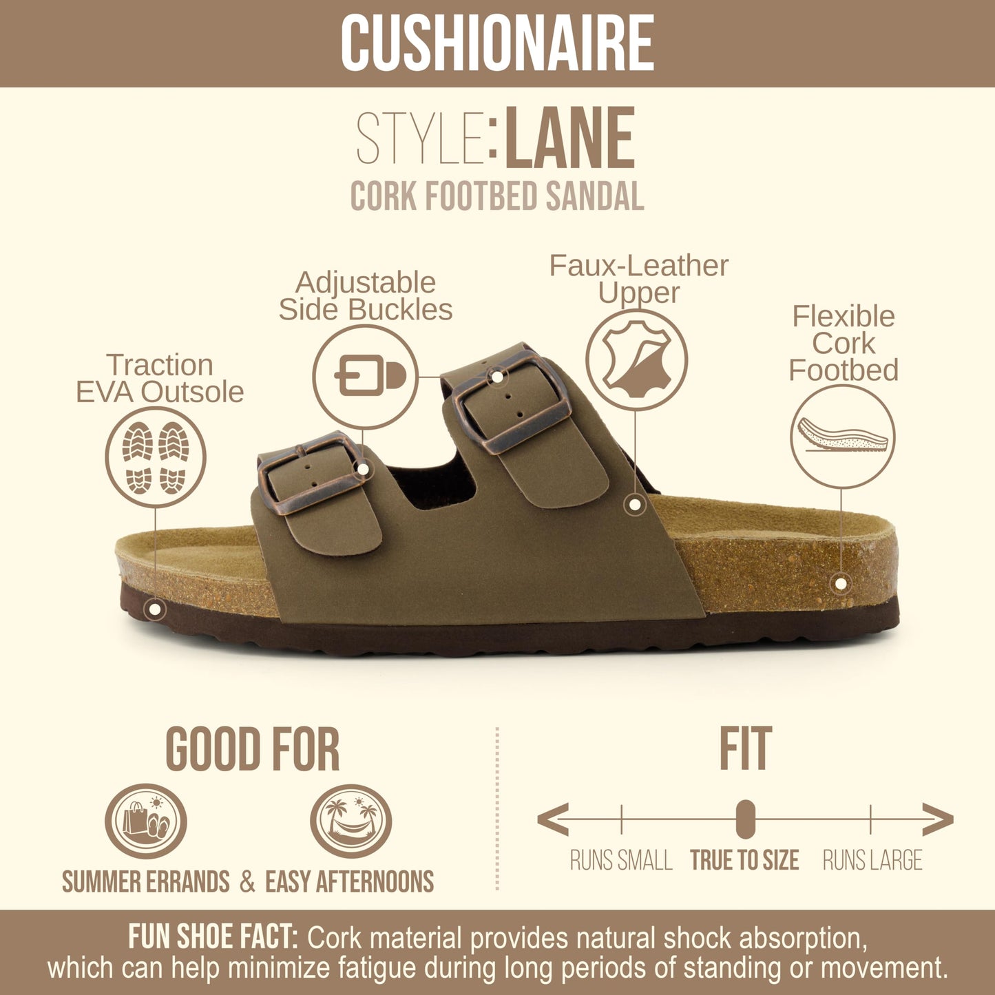 CUSHIONAIRE Lane Cork Footbed Womens Sandals Comfortable Double Buckle Slip On Sandals for Women with Arch Support and Classic Two Strap Design, BROWN 8