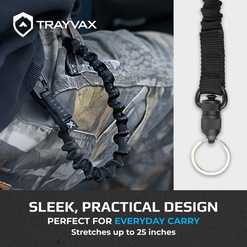 Trayvax Link Lanyard Keychain, Quick Release Stretch Carabiner Key Chain for Men and Women, Bungee Nylon, 25 Inch, Black