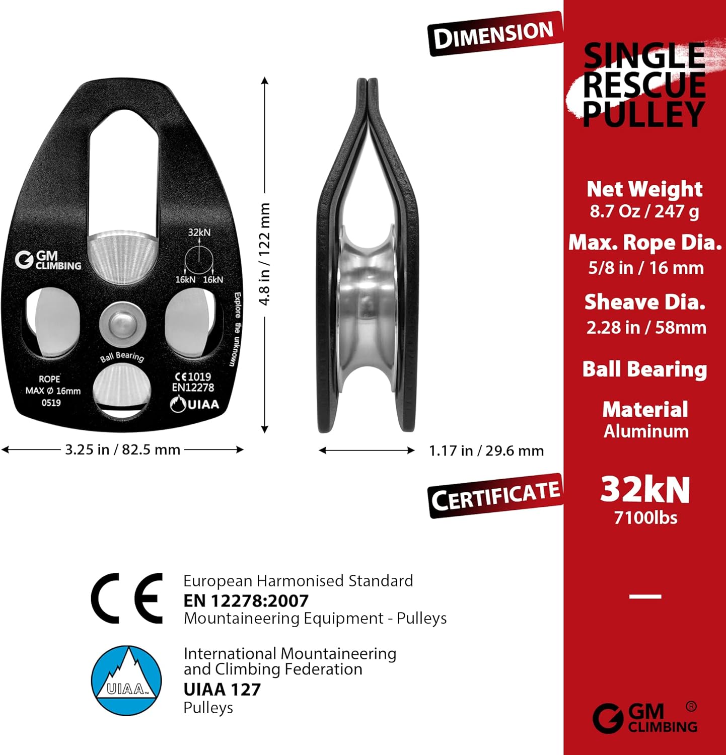 GM CLIMBING Large Rescue Pulley 32kN Single Sheave with Swing Plate CE UIAA Certified