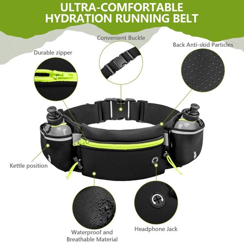 Hydration Running Belt for Women & Men with 2 Water Bottles – Water-Resistant Waist Pack & Phone Holder, No-Bounce Fit for Running, Hiking, Workouts – Bonus Sweatband, Fits All Phones