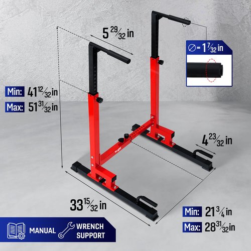 Yes4All Dip Stand 500 LBS Capacity, 80 Levels Adjustable Dip Bars, Dip Station Machine for Home Gym - Red & Black