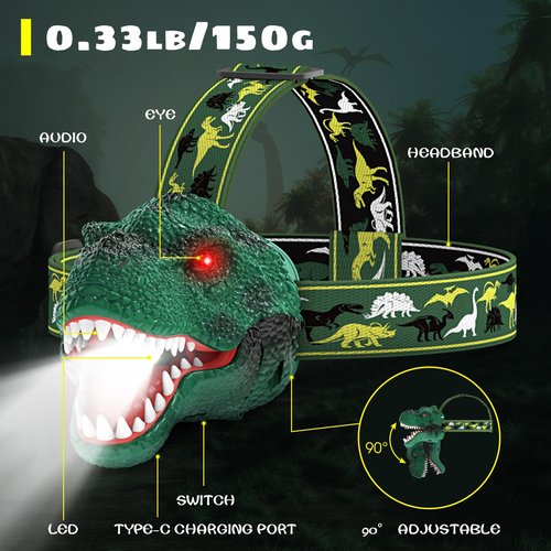 Dysaim Kids Headlamp,Rechargeable T-Rex Dinosaur Headlamp for Kids and LED Head Lamp Camping Gear Flashlight,Hiking Accessories Headlight Toys,Four Light Modes Suitable for Reading/Party Gift