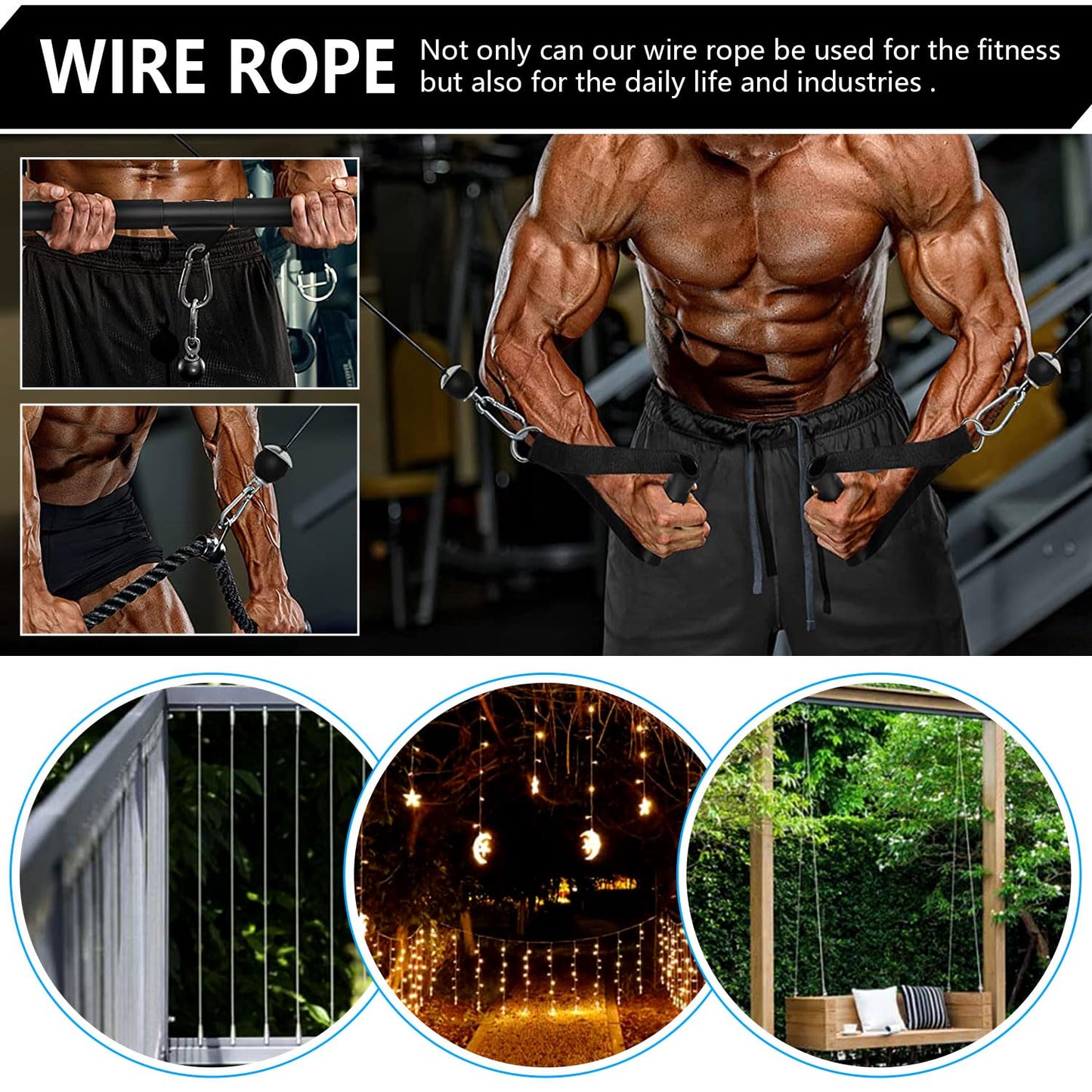 Favuit Fitness Pulley Cable, Gym Replacement Cable Heavy Duty Steel Wire Rope Fitness Cable Pulley System Attachments Home Gym Machine Equipment Workout Accessories (79IN)