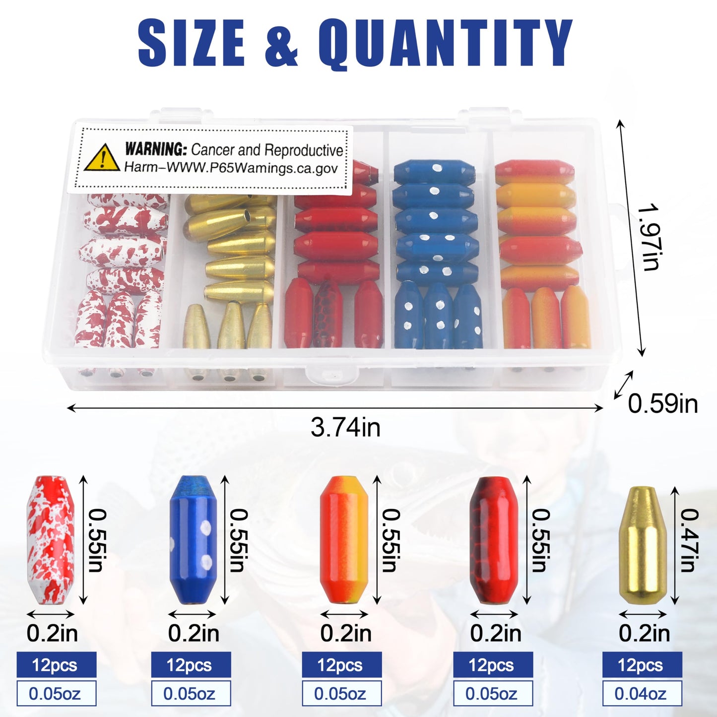 Fishing Lure Bodies Kit, 60PCS Sinker Weights Brass Painted Spinner Body Beads Bullet Slip Sinker DIY Inline Bait Making Supplies Parts