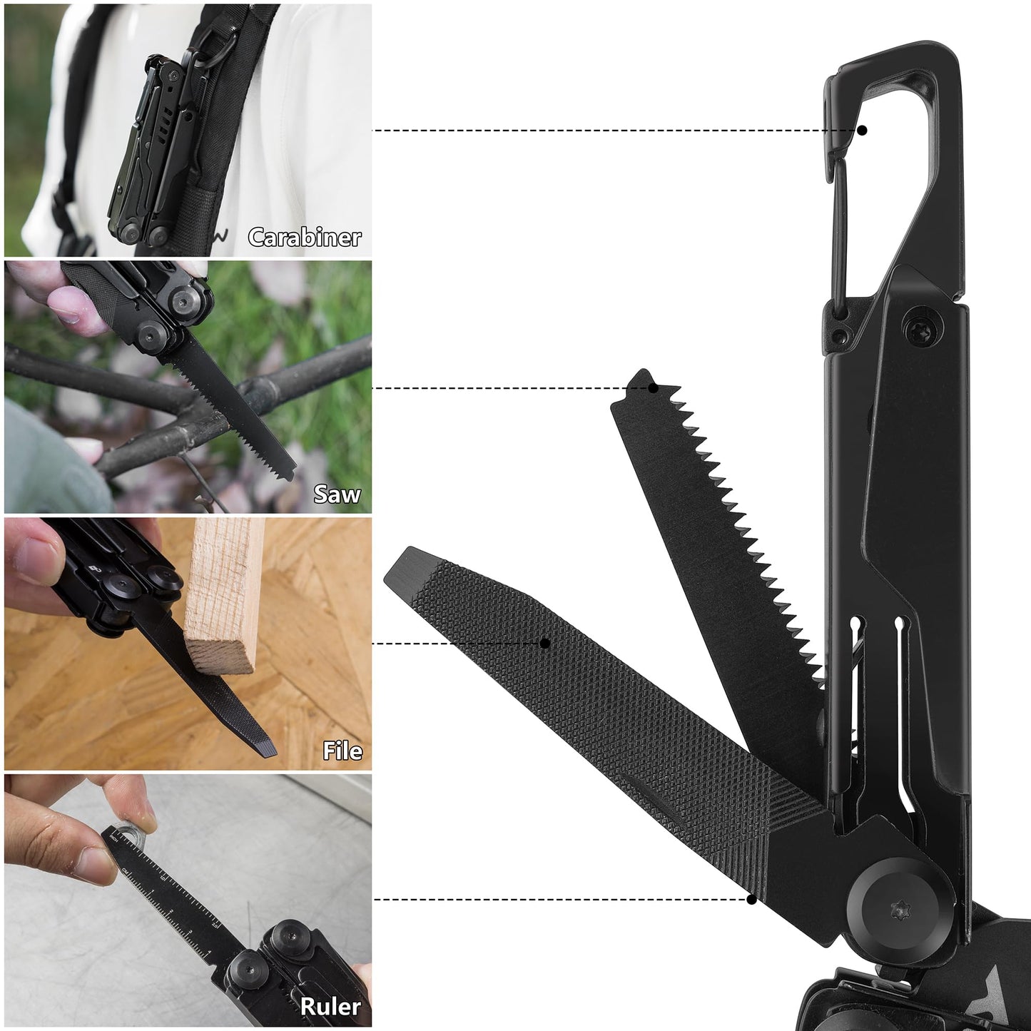 FLISSA 15-in-1 Multi-tool Pliers with Sheath, Portable Pocket Knife with Safety Locking System, Belt Clip and Sheath for Outdoors, Survival, Camping, Fishing, Hunting