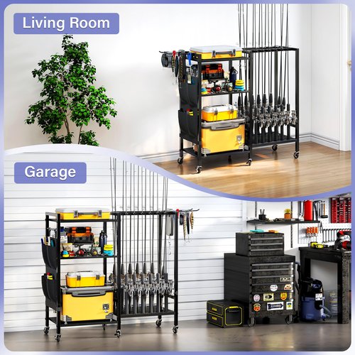 TC-HOMENY 16-Rod Fishing Rod Holder for Garage, Fishing Pole Rack Cart Fit All Fishing Rods, 3 Tier Fishing Tackle Storage Organizer Rack with Storage Bag, For Living Room
