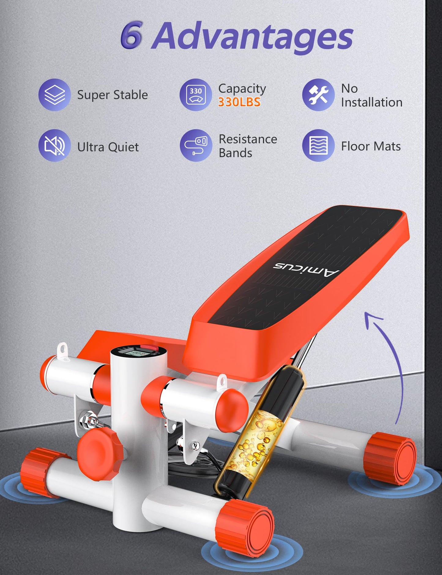 Amicus Mini Stepper for Exercise, Stair Stepper with Resistance Bands, Hydraulic Fitness Stepper Exerciser Machine for Home, 330lbs Weight Capacity, Orange White