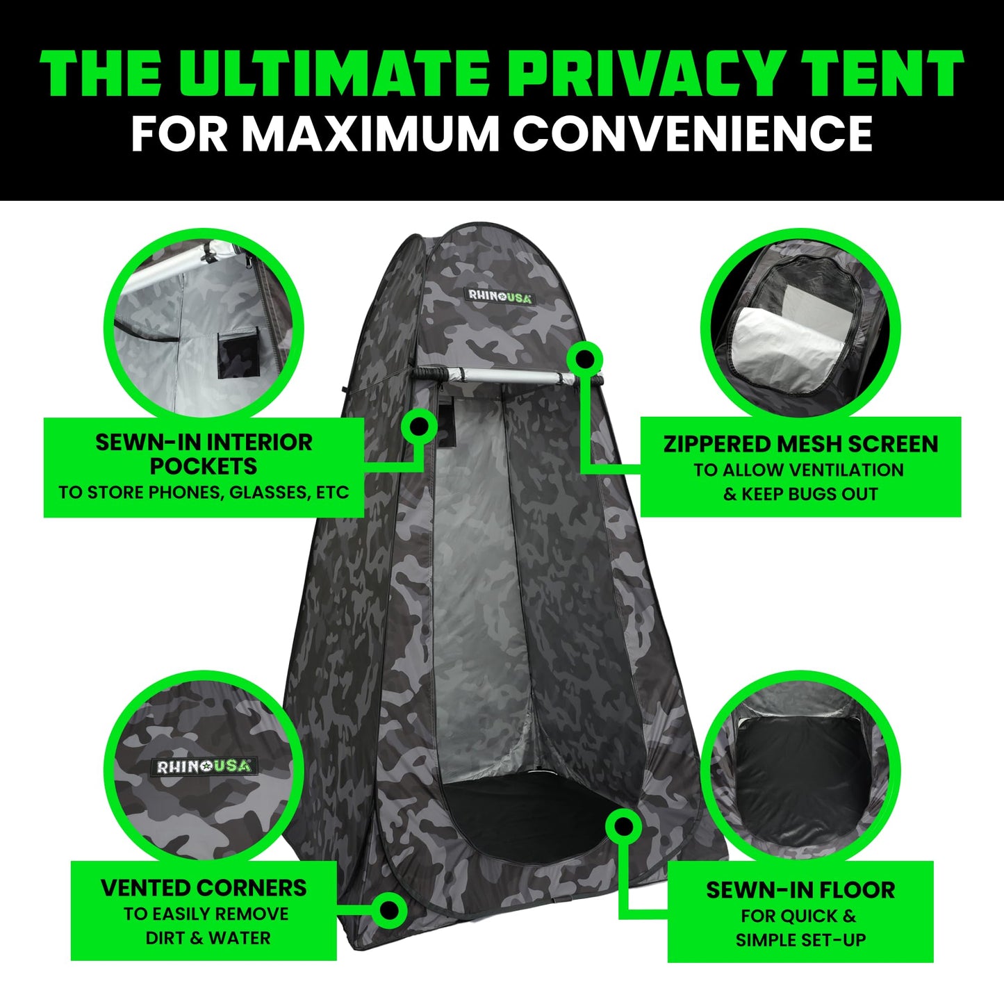 Rhino USA Portable Pop Up Privacy Changing Tent - Ultimate Outdoor Camping Shower, Camp Toilet, Rain Shelter for Beach and Camping - Lightweight and Sturdy, Instant Setup While On-The-Go