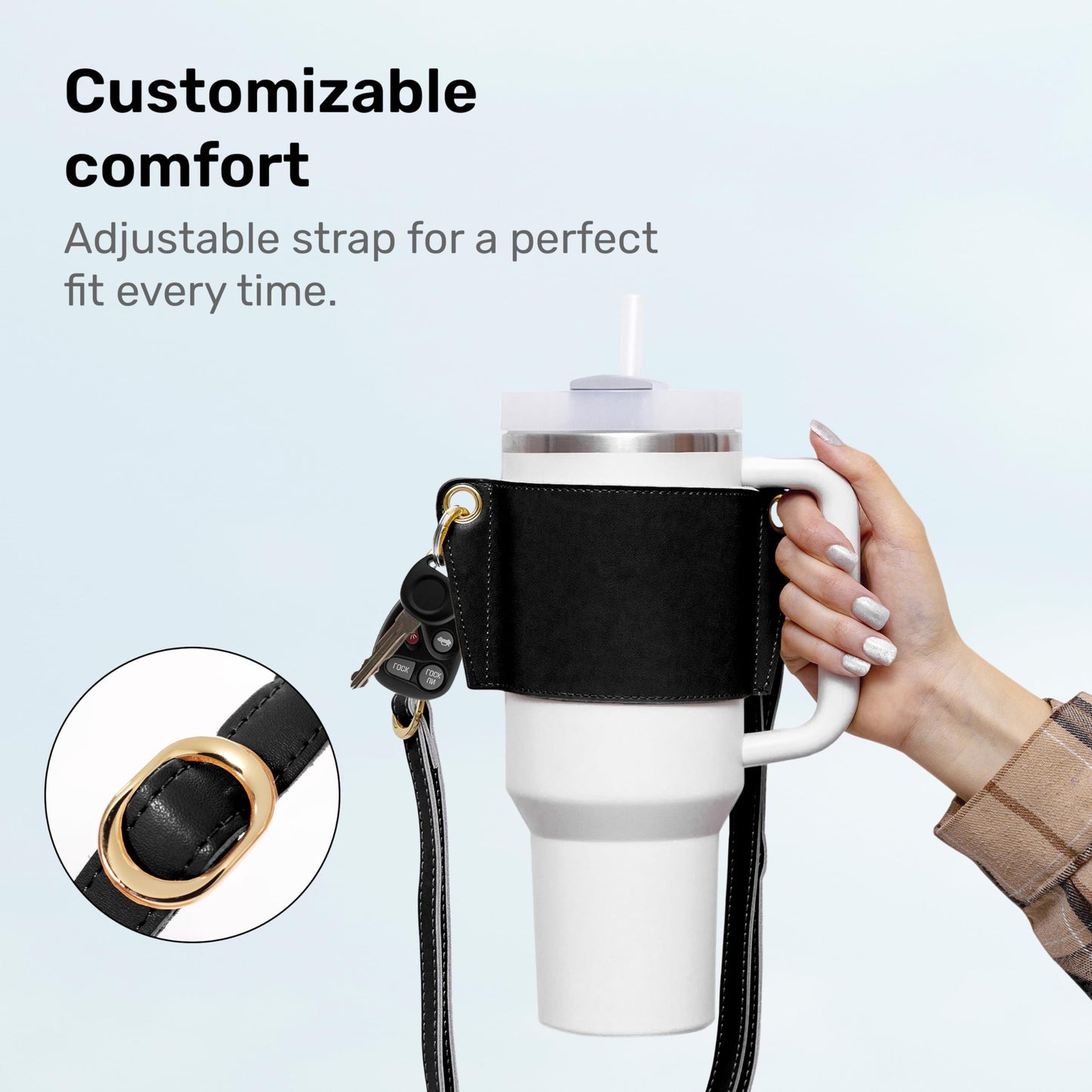 Water Bottle Carrier 30 & 40oz with Strap, Stanley Tumbler Holder, Lip Balm Holder, Key Ring Attachment, Credit Card Holder, Durable Fabric, Hydro Carrier with Storage Pouch (Black)
