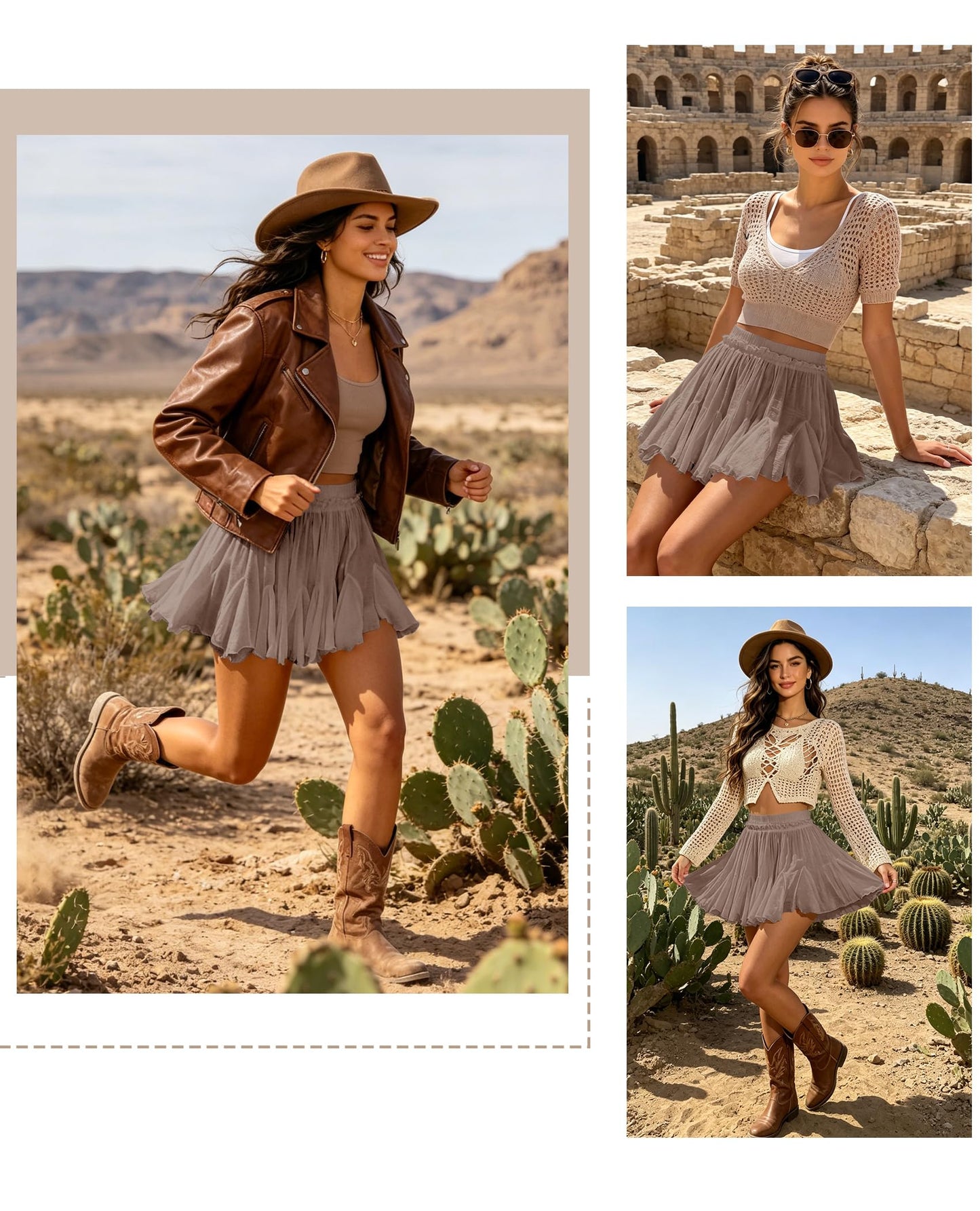 Women's Flowy Shorts Casual Linen Boho Ruffle Mini Skirts Pleated High Waist Cute Butterfly Skorts with Pockets Summer Trendy-Camel M