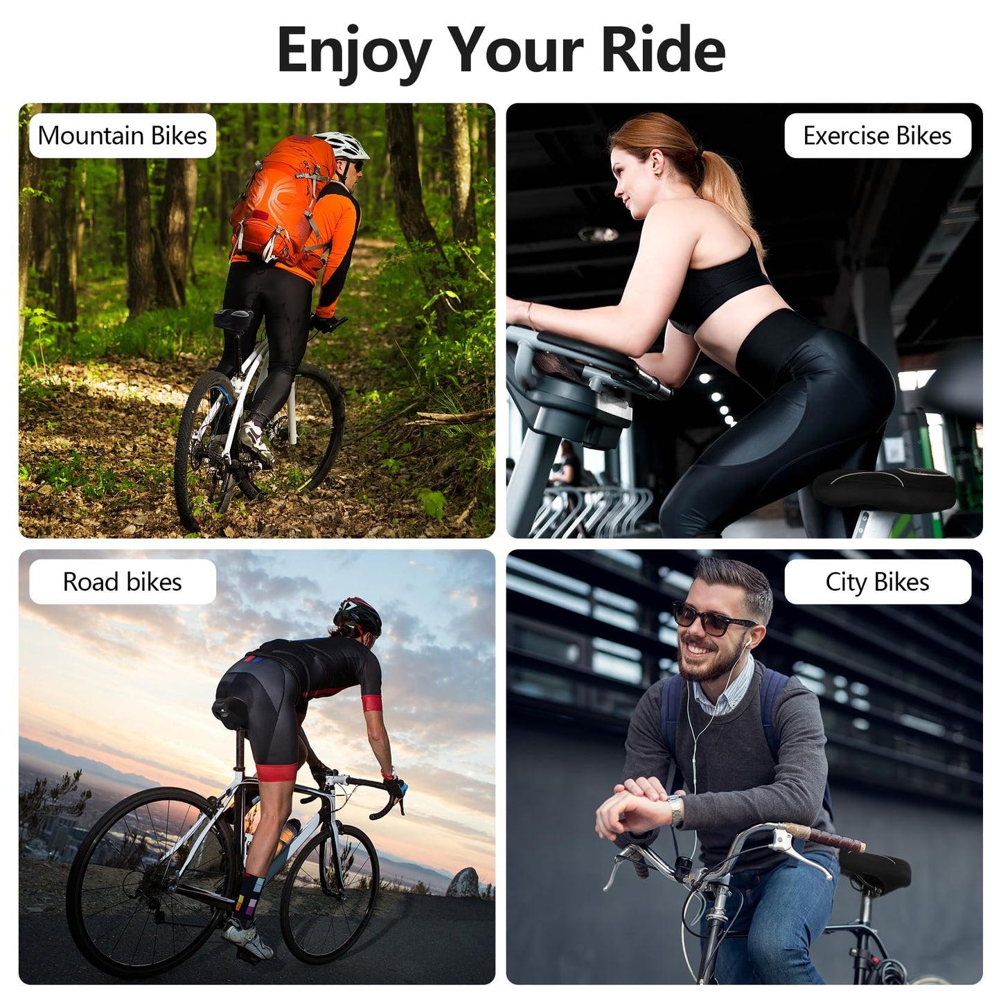 Bike Seat Cushion - Gel Padded Bike Seat Cover for Men Women Comfort, Extra Soft Exercise Bicycle Seat Compatible with Peloton, Outdoor & Indoor with Adjustable Velcro Secure Black