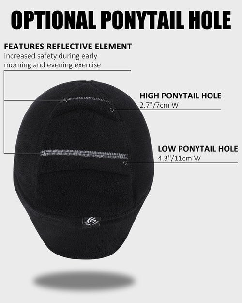 PivotWing Winter Hats for Women, Ponytail Hat with Ear Flaps Stretchy Fleece Winter Hiking Walking Running Cap Reflective Visor Baseball Caps Cold Weather Running Gear for Women Black