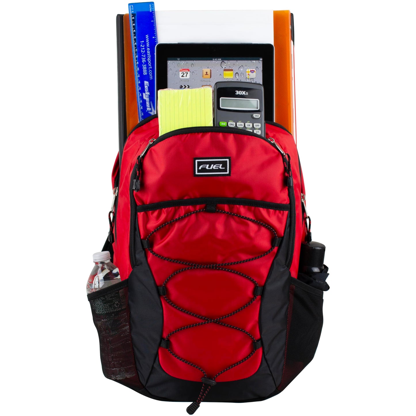 FUEL Sport Backpack w/Multiple Compartments & Bungee Great for Sports, Travel, Leisure, Classroom, Outdoors, Hiking - Red