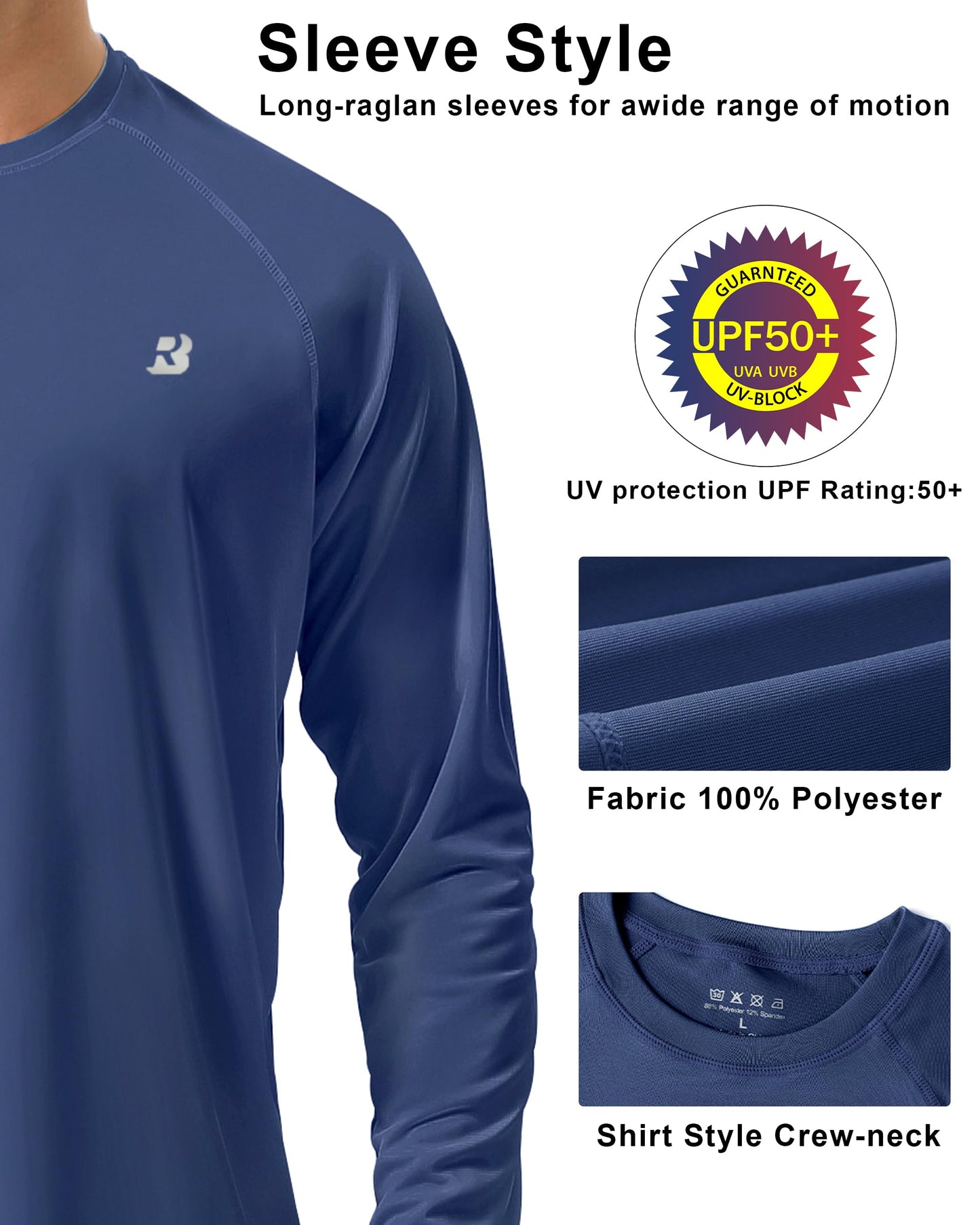 Roadbox Mens UPF 50+ Long Sleeve SPF Diving Rash Guard UV Sun Protection Shirts for Outdoor Fishing Hiking Swimming Running