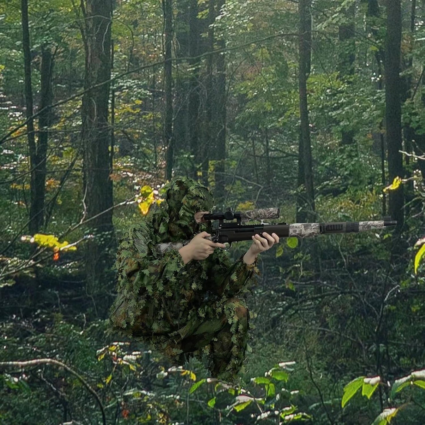 HYOUT Hooded Ghillie Suit Camo Suit Woodland Forest Military 3D Green Leafy Clothing Costume for Jungle Halloween Party