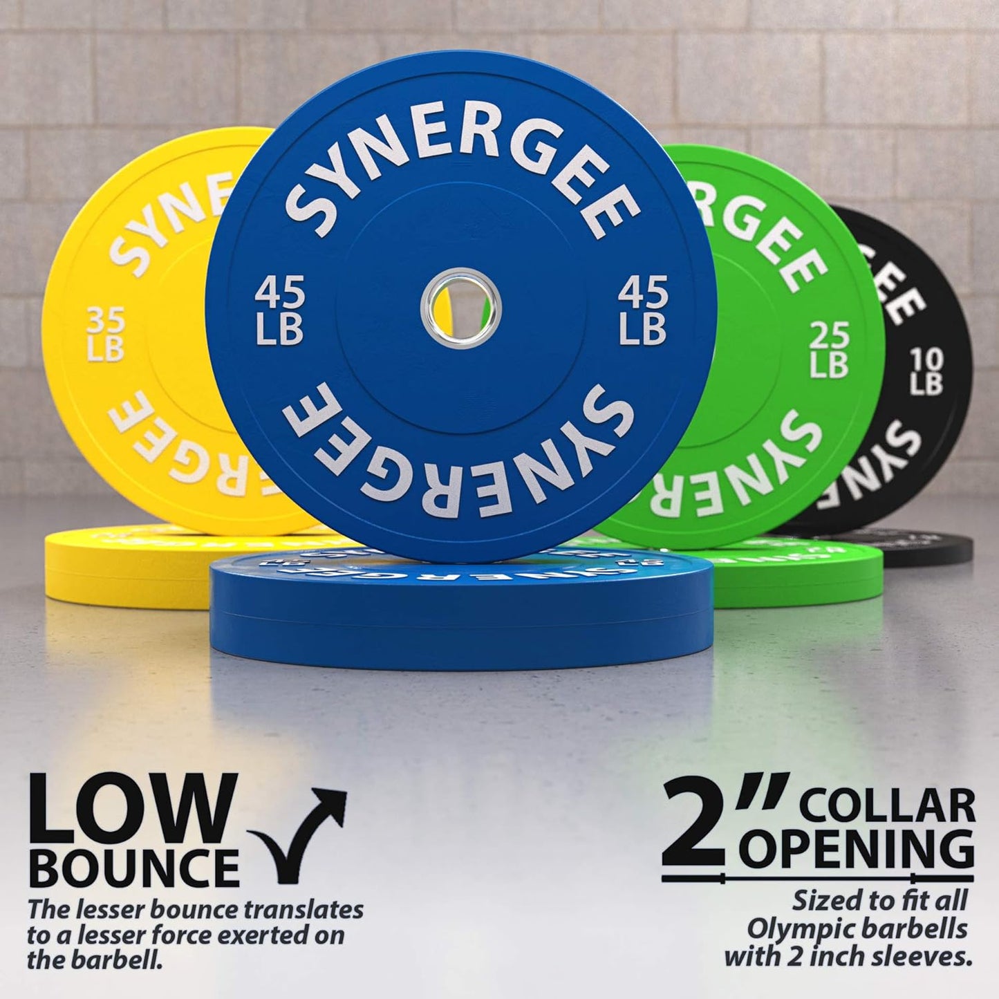 Synergee Bumper Plates – Durable Olympic Weight Plates, Low-Bounce Rubber for Strength Training, Powerlifting, and Functional Workouts.