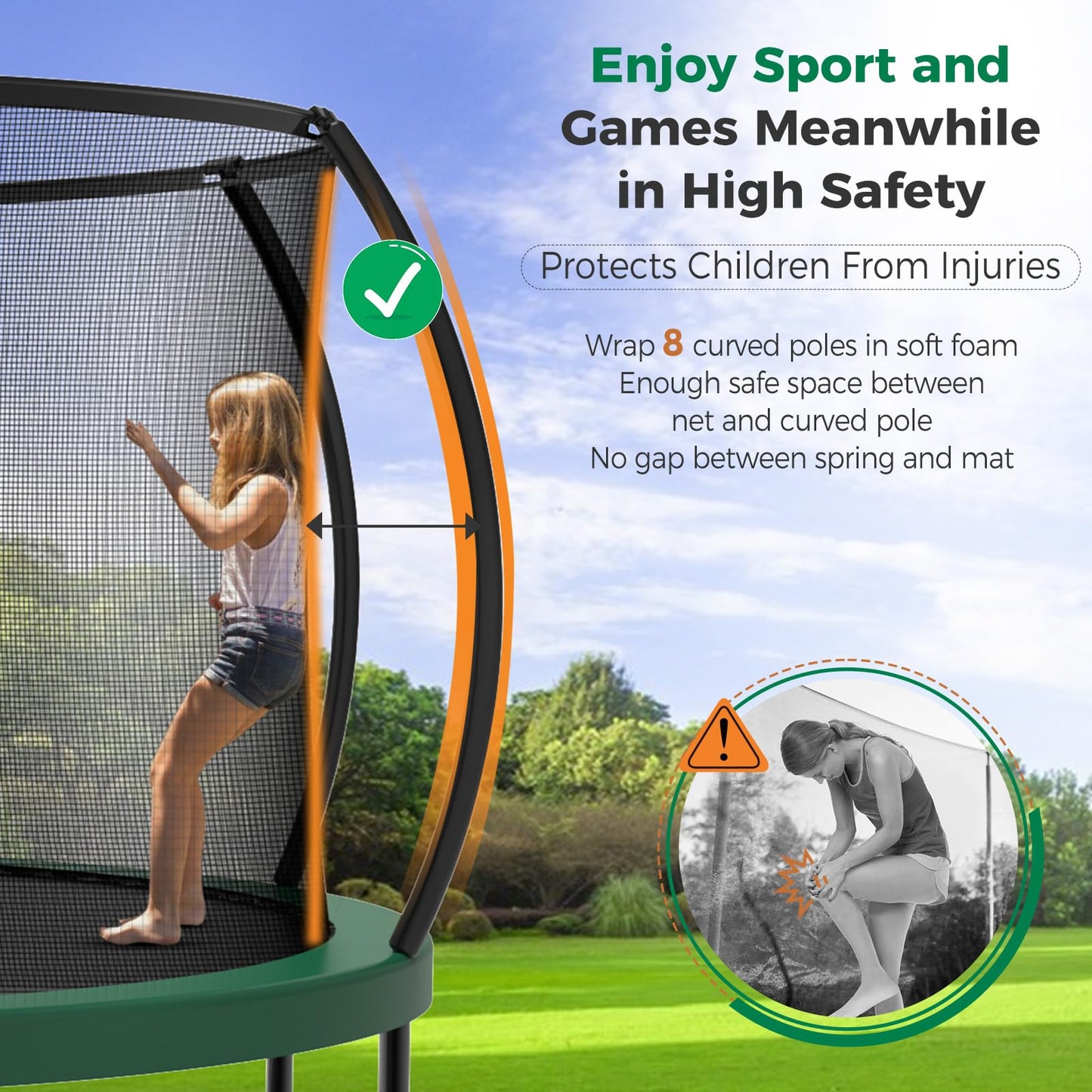 Tatub 14FT Upgrade Pumpkin Trampoline for Kids and Adults, Outdoor Recreational Trampolines with Basketball Hoop & Enclosure Net, Curved Poles & Storage Bag, Green