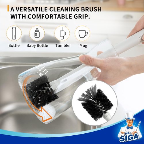 MR.SIGA Water Bottle Brush and Straw Cleaner Brush, Long Handle Bottle Cleaner Brush, 2 in 1 Bottle Cleaning Brush for Sports Bottles, Baby Bottles, Mugs, Straws, White