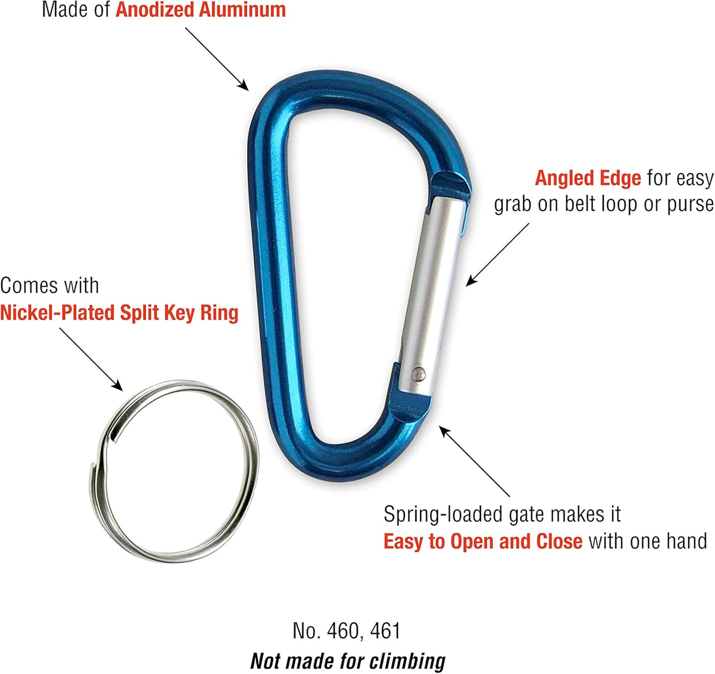 Lucky Line Aluminum Large 3-1/8" Carabiner Clip, 5 Pack, Snap-Link C-Shape Heavy Duty Key Chain, Nickel-Plated Key Ring, Light Weight and Durable