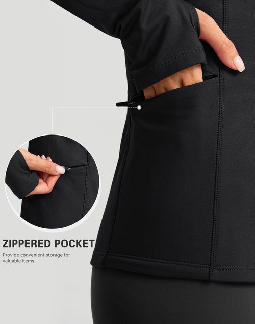 SANTINY Long Sleeve Thermal Shirts for Women Fleece Mock Neck Tops Winter Workout Running Gear with Zipper Pockets(Black_M)