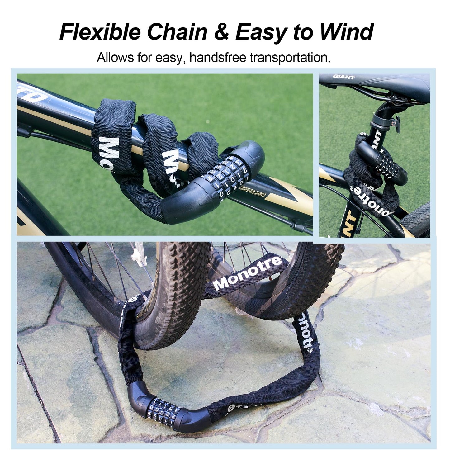 Monotre Bike Chain Lock, 5-Digit Resettable Combination Heavy Duty Anti-Theft Bike Chain Lock, 3.2FT Long Keyless Security Bike Lock for Bicycles, Scooters, Motorcycles, Doors, Fences