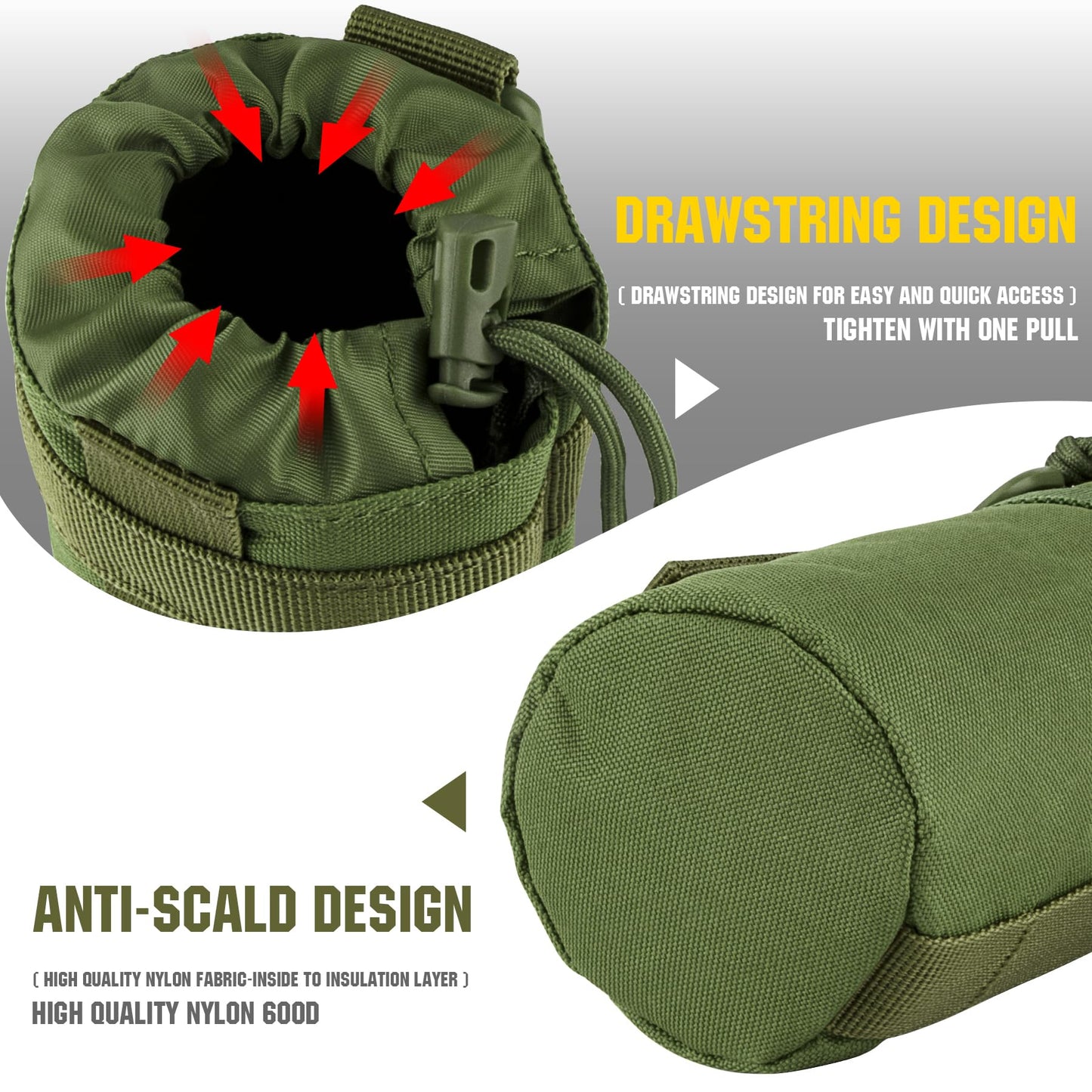 IronSeals 2 Pack Tactical Water Bottle Pouch Foldable Molle Water Bottle Holder Drawstring Open Top Travel Water Bottle Bag for Backpack Camping Outdoor