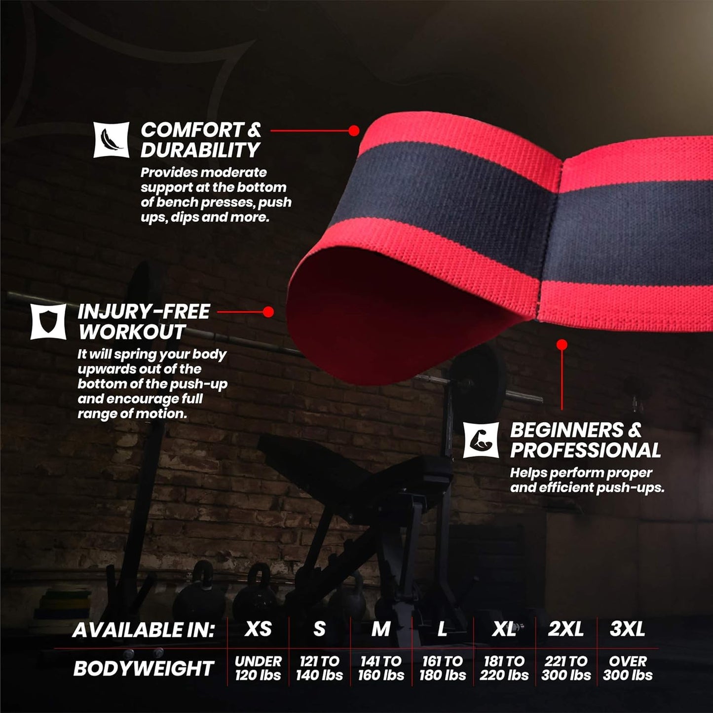 Sling Shot Mark Bell Push Up Exercise Assistance Workout Band for Men and Women to Assist with Bench Press, Dips, and Push Ups – (Level 1 Tension, Red/Black)