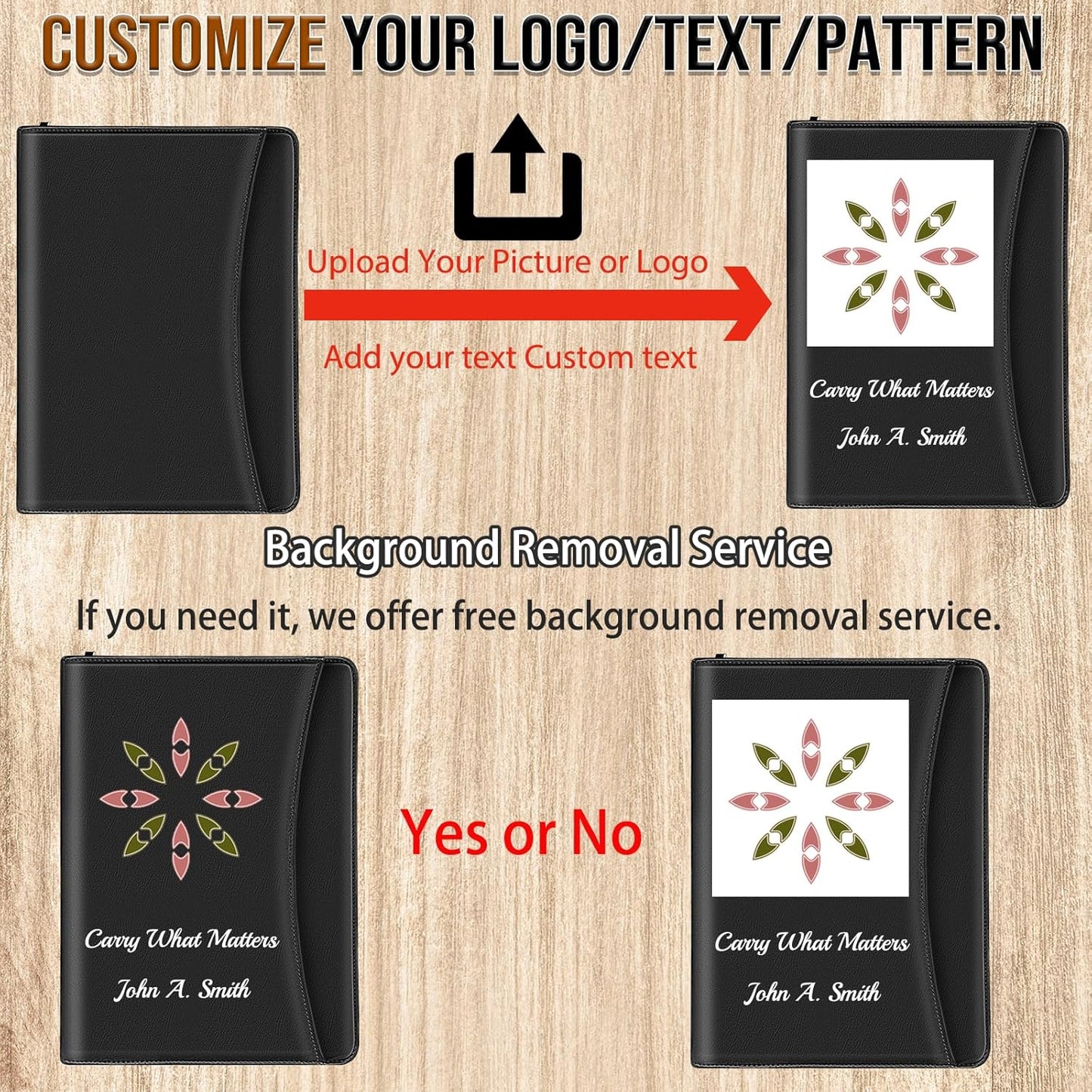 Personalized Portfolio Leather Custom Padfolio for Men Women Customized Binder with Logo/Text/Photo, Professional Folio with Zipper for Business, Interviews, Resumes-Black