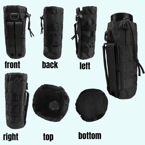YOWDUTY Tactical MOLLE Water Bottle Holder, Upgraded Water Bottle Pouch with Drawstring Open Top & Mesh Bottom, 16/24/25/32oz Water Bottle Carrier Bag with D-Ring Hook for Backpack(Black)