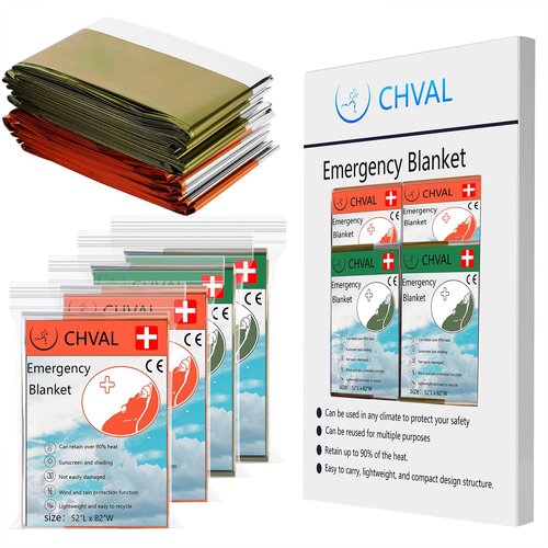 CHVAL Portable Space Mylar Thermal Blankets for Camping, Bug Out Bag, Survival & more. (Orange & Green)