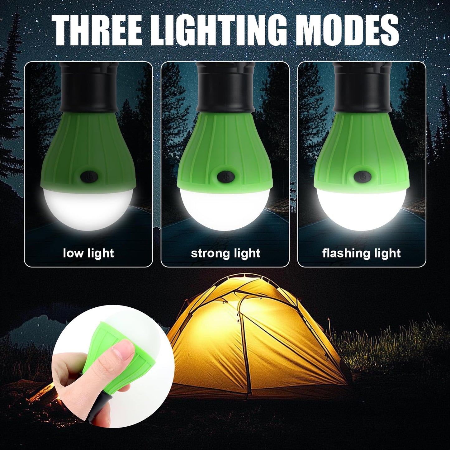 EXTRASTAR LED Camping Lantern, 3 Lighting Modes, Hanging Tent Light Bulbs with Clip Hook, Camping Essentials, Ideal for Hiking, Hurricane, Storms, Outages, Battery Powered, 4 Packs