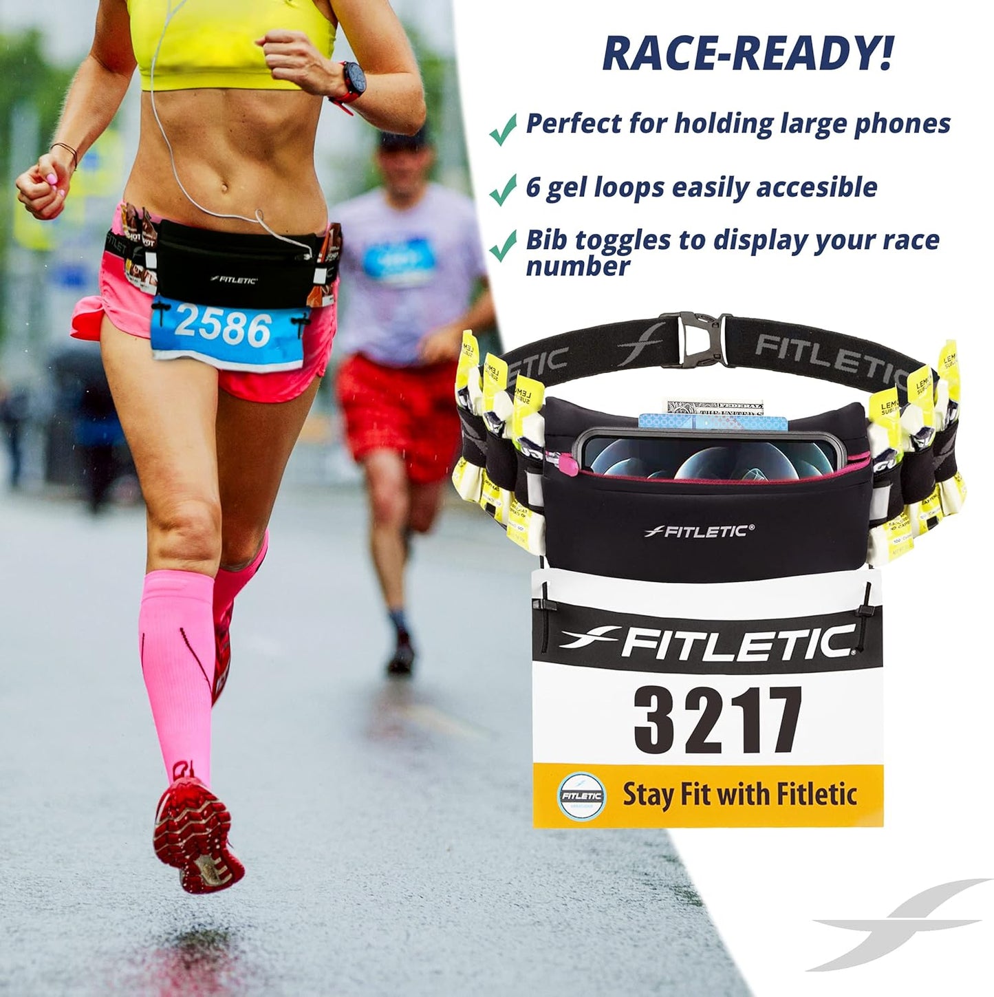 Fitletic Ultimate I Race Running Belt for Triathlons, Marathons – Water Resistant, Lightweight, Low Profile & Patented No Bounce- For Men & Women –– Ultra-Soft Dual Adjust Waist Belt- Fits All Phones