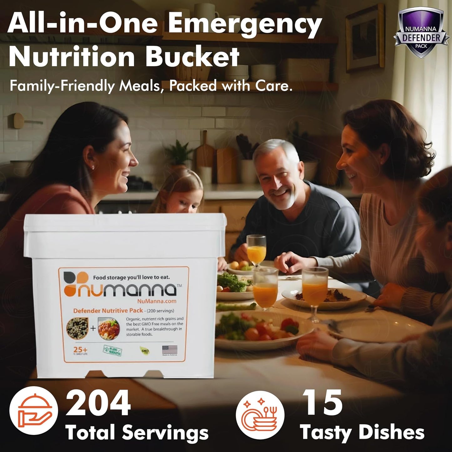 Numanna Defender Nutritive Pack Bucket 204 Servings | 1-Month Emergency Food Supply | GMO-Free, Non-Perishable Meals with Organic Grains & Superfoods | Easy to Prepare | Camping & Daily Use Pack of 1