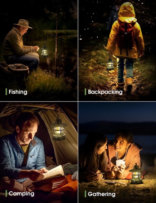 Camping Lantern Rechargeable Battery Powered 【2 Pack】, Camping Gear Must Haves, Camping Accessories, Retro Camping Light Waterproof Hanging LED Tent Lamp for Outdoor Hiking Fishing (Dark Green)