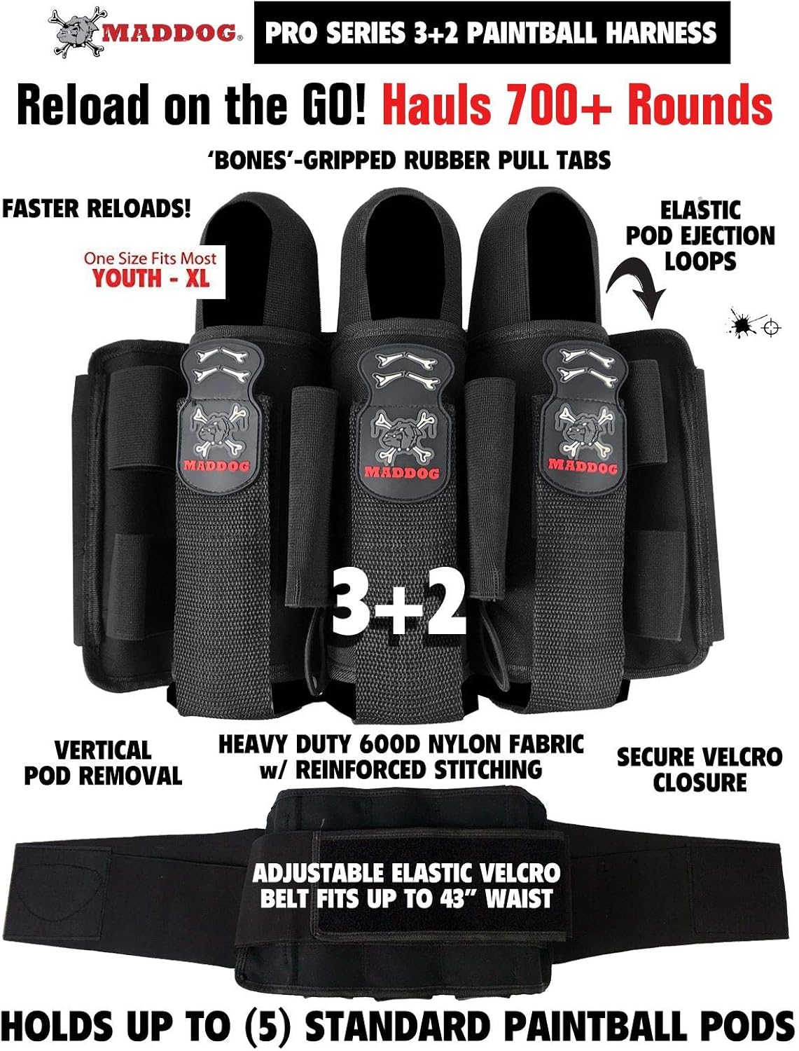 Maddog Pro 3+2 Paintball Harness Pod Pack | Pod Ejection | Adjustable Elastic Velcro Belt