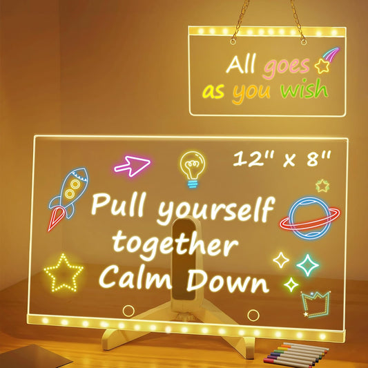 Acrylic Dry Erase Board with Hanging Chain & Stand, Led Note Board Light Up Drawing Board 12.8 X10 Message Board Dry Erase Led Notepad Illuminated Board with 7 Color Markers for Kids Gifts Toys